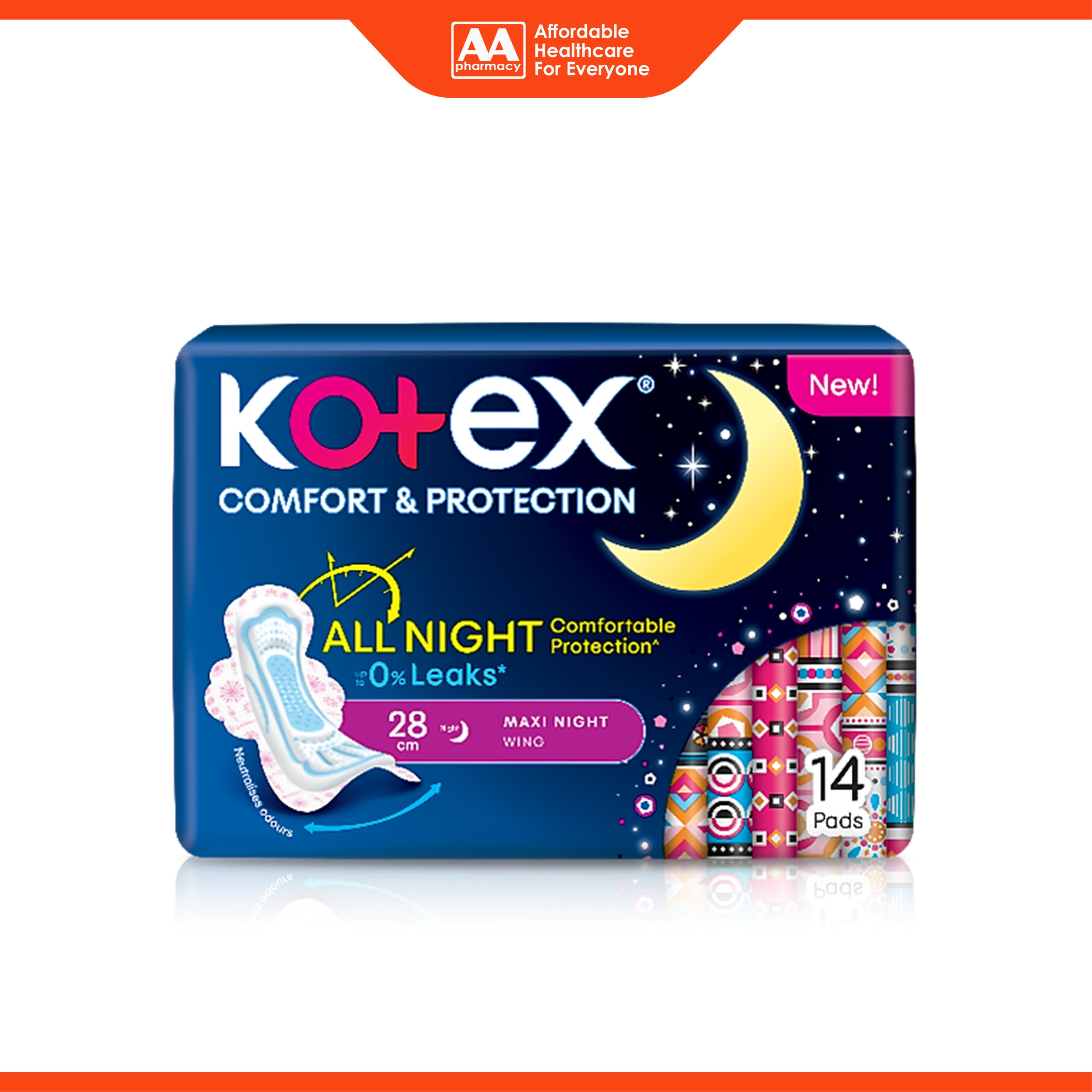 Kotex Pads - Comfort and Protection, Maxi Night Wing, 28cm (14's) [Night Use]