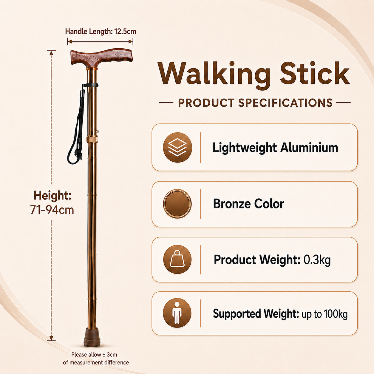 Movease Aluminium Height Adjustable Non-Foldable Walking Stick