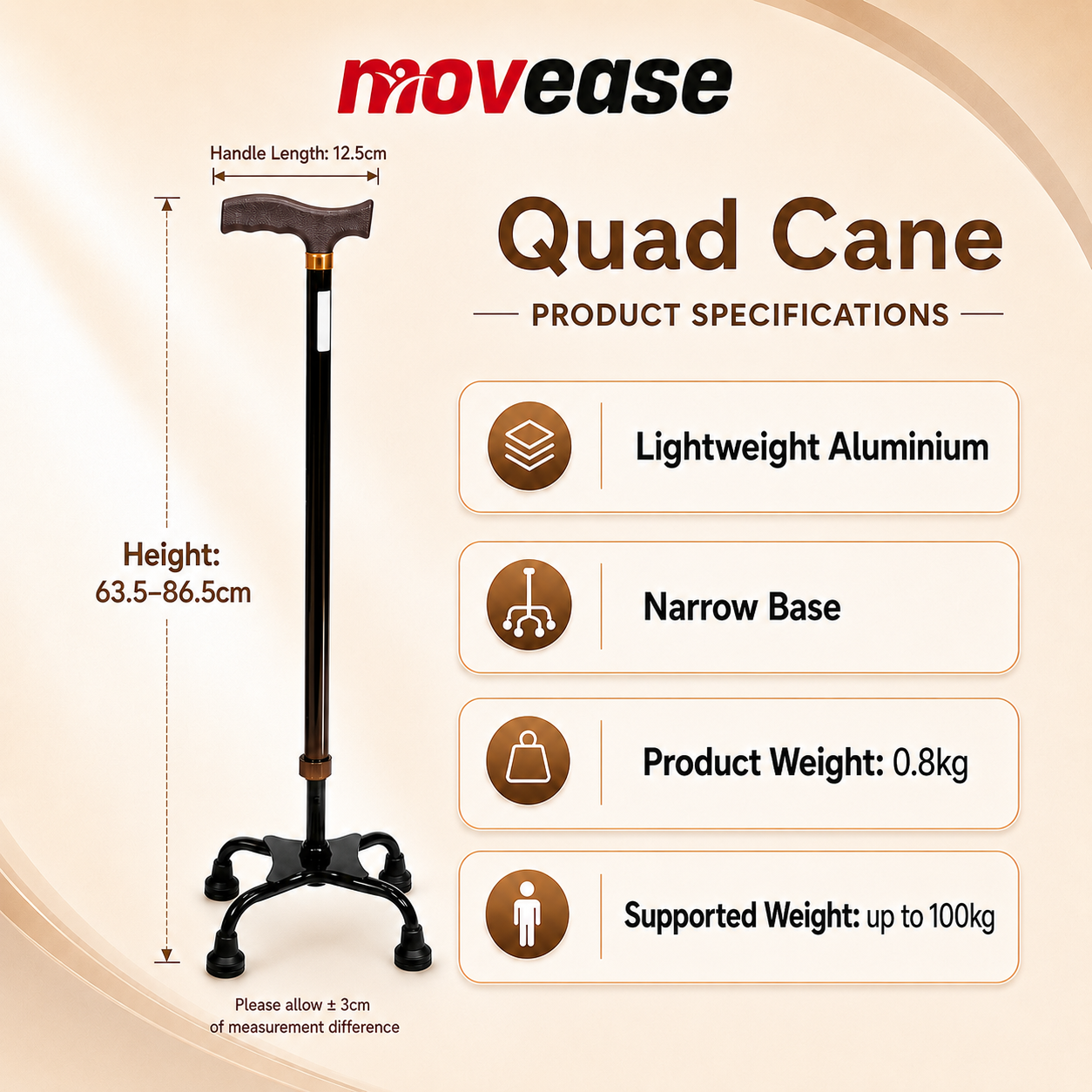 Movease Aluminium Height Adjustable Quad Cane Narrow Base