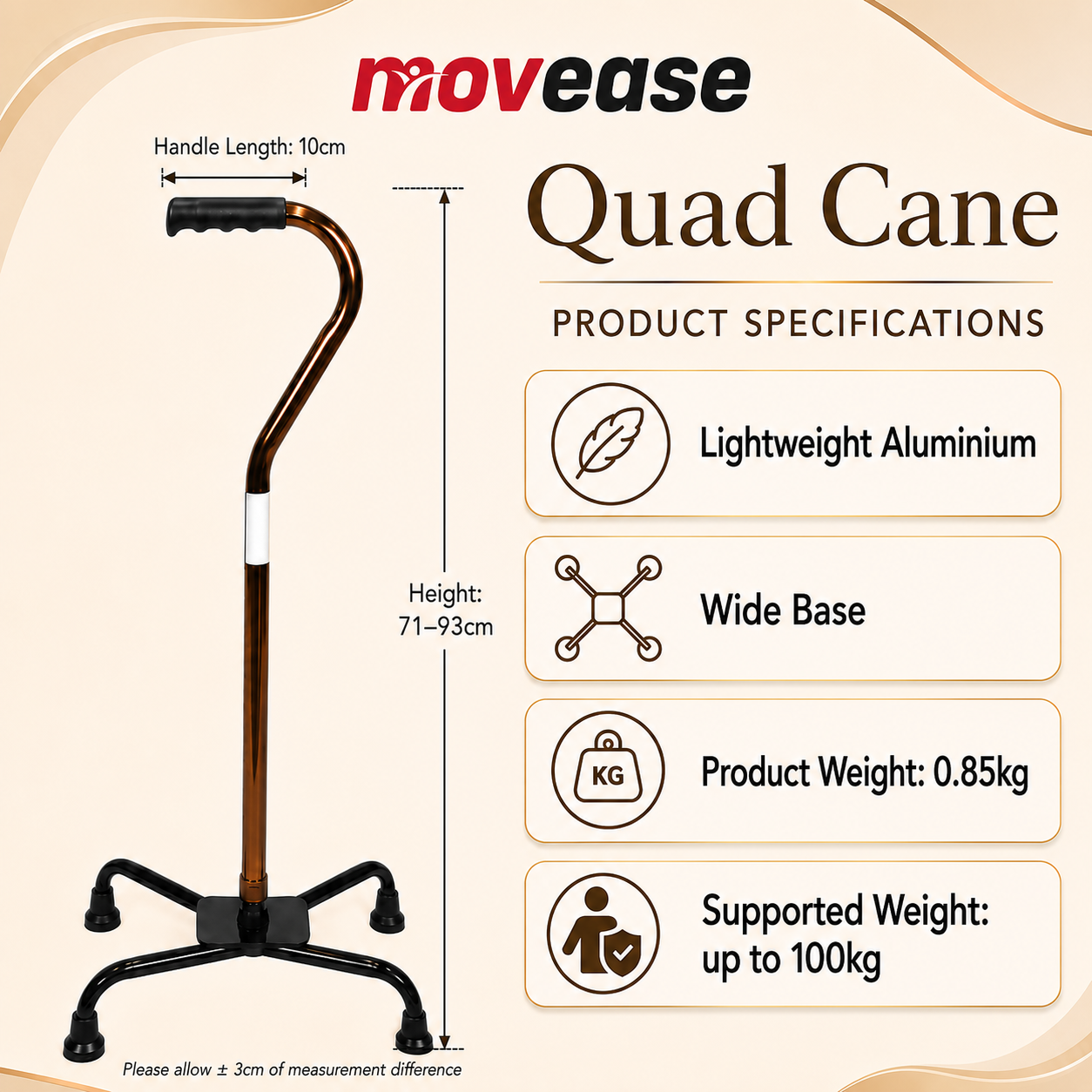 Movease Aluminium Height Adjustable Quad Cane Wide Base