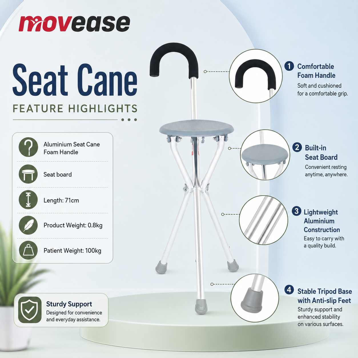Movease Aluminium Tripod Cane with Seat