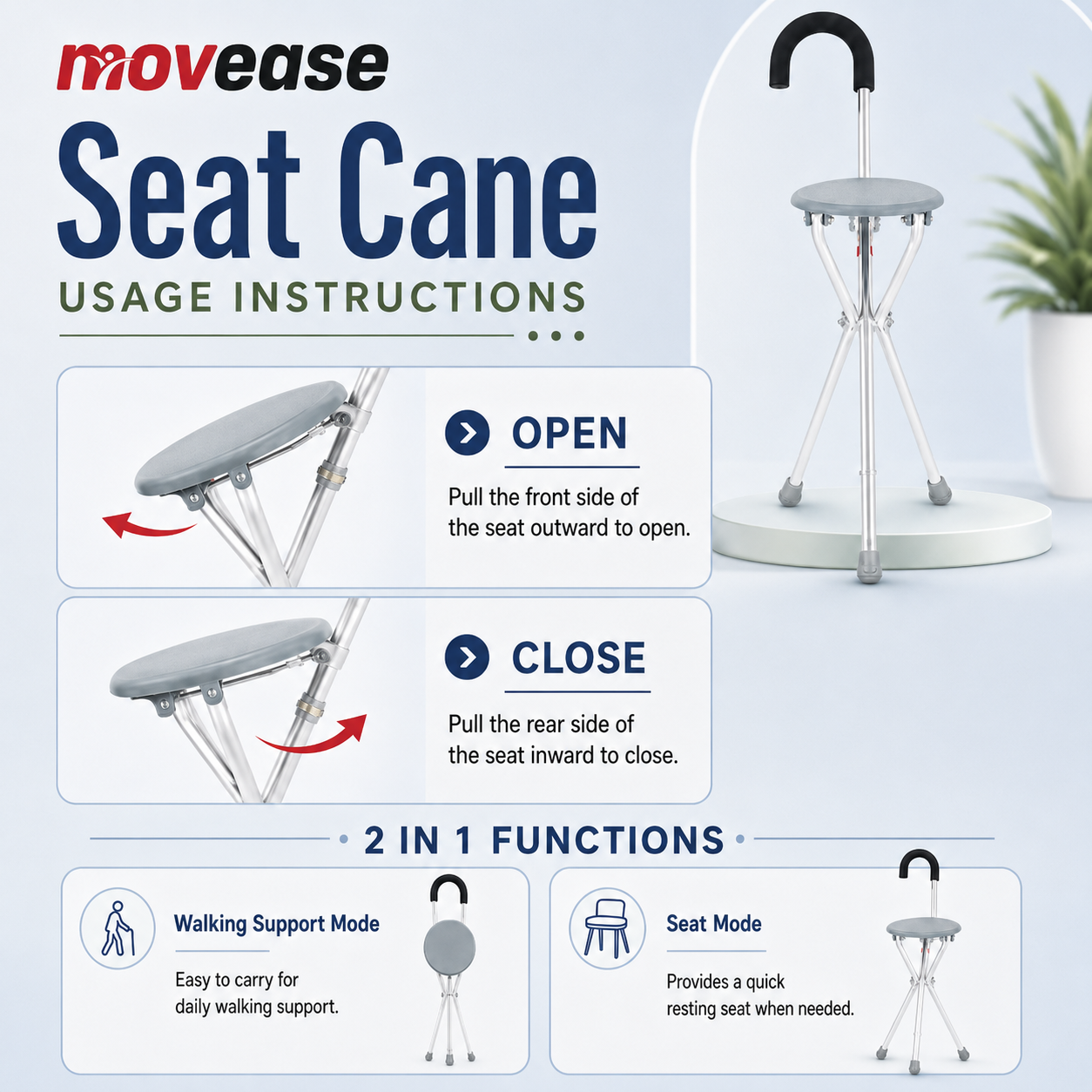 Movease Aluminium Tripod Cane with Seat