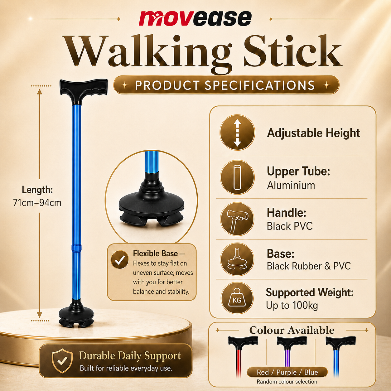 Movease Aluminium Height Adjustable Non-Foldable Walking Stick - Flexible Base (1's)