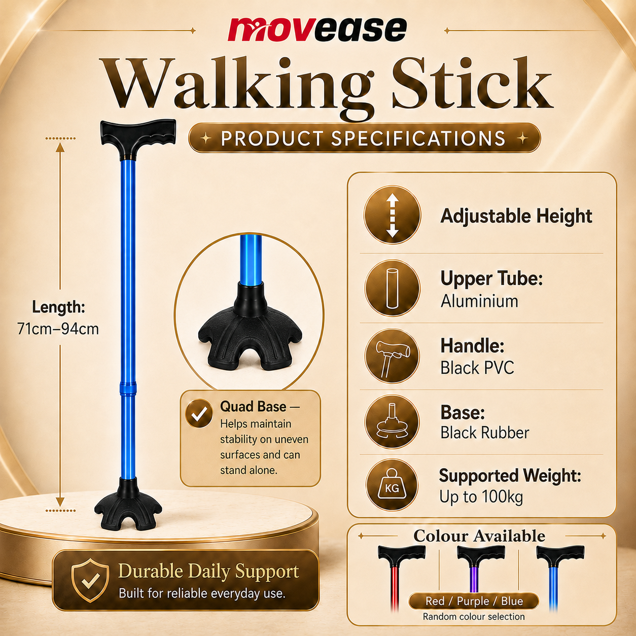 Movease Aluminium Height Adjustable Non-Foldable Waking Stick - Small Quad Base (1's)