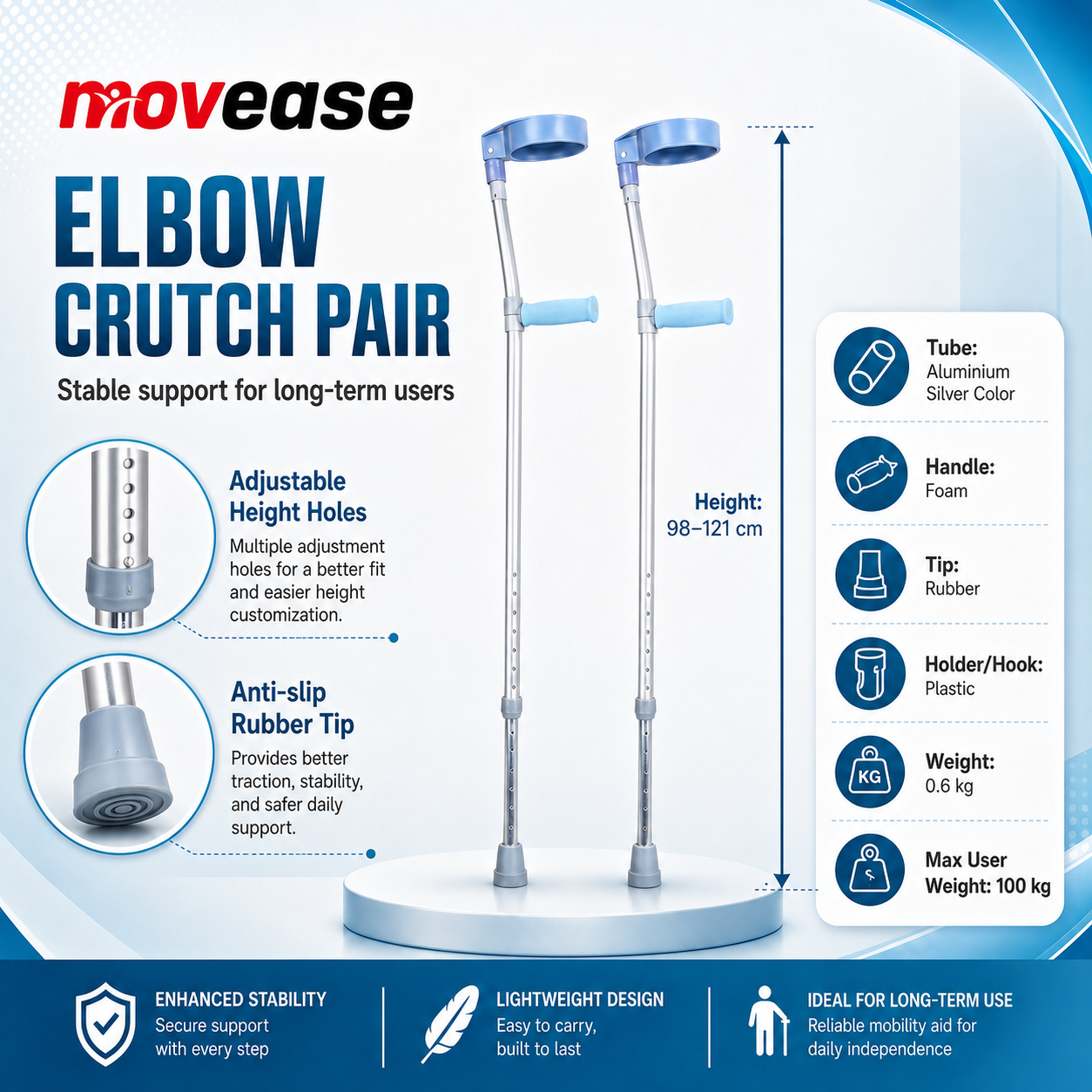 Movease Aluminium Height Adjustable Adult Elbow Crutches (1 Pair)