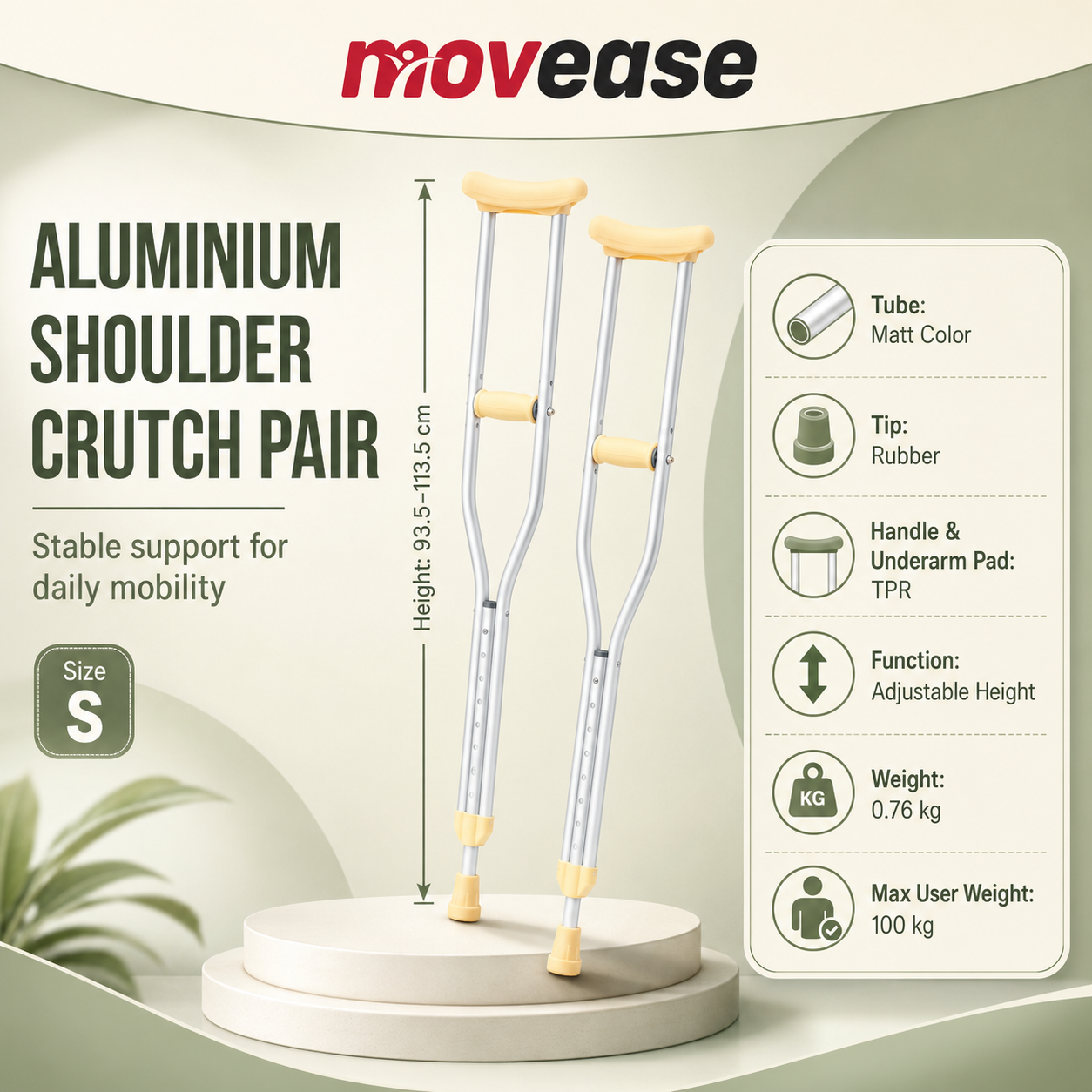 Movease Aluminium Height Adjustable Shoulder Crutches - Size S (1 Pair)