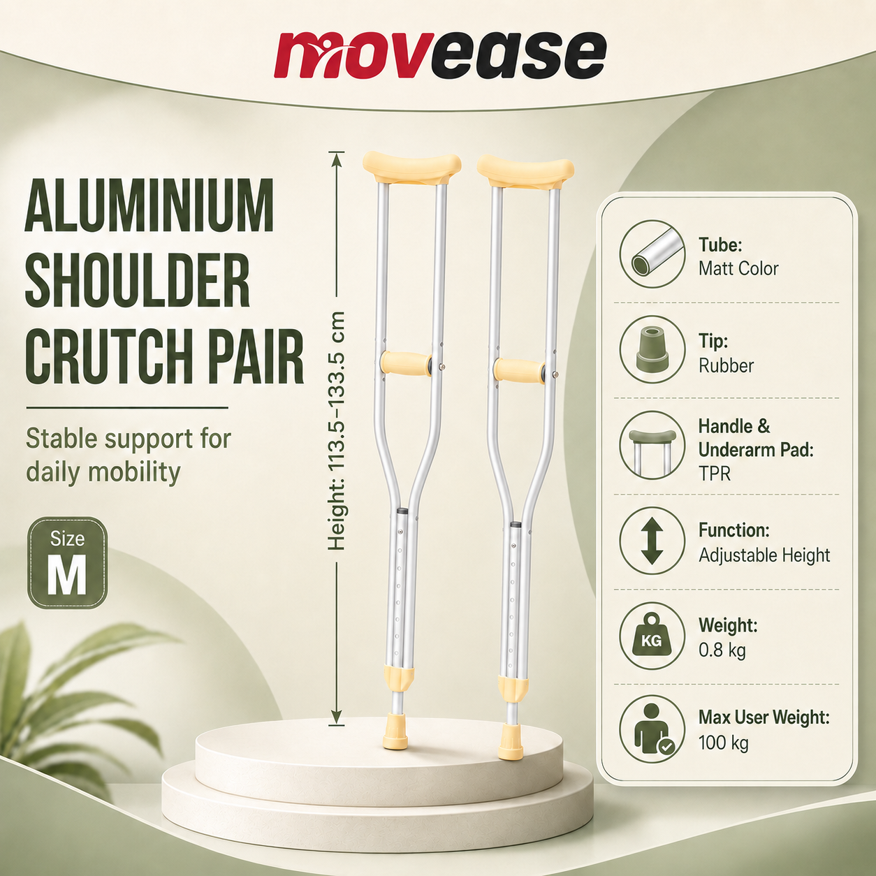 Movease Aluminium Height Adjustable Shoulder Crutches - Size M (1 Pair)