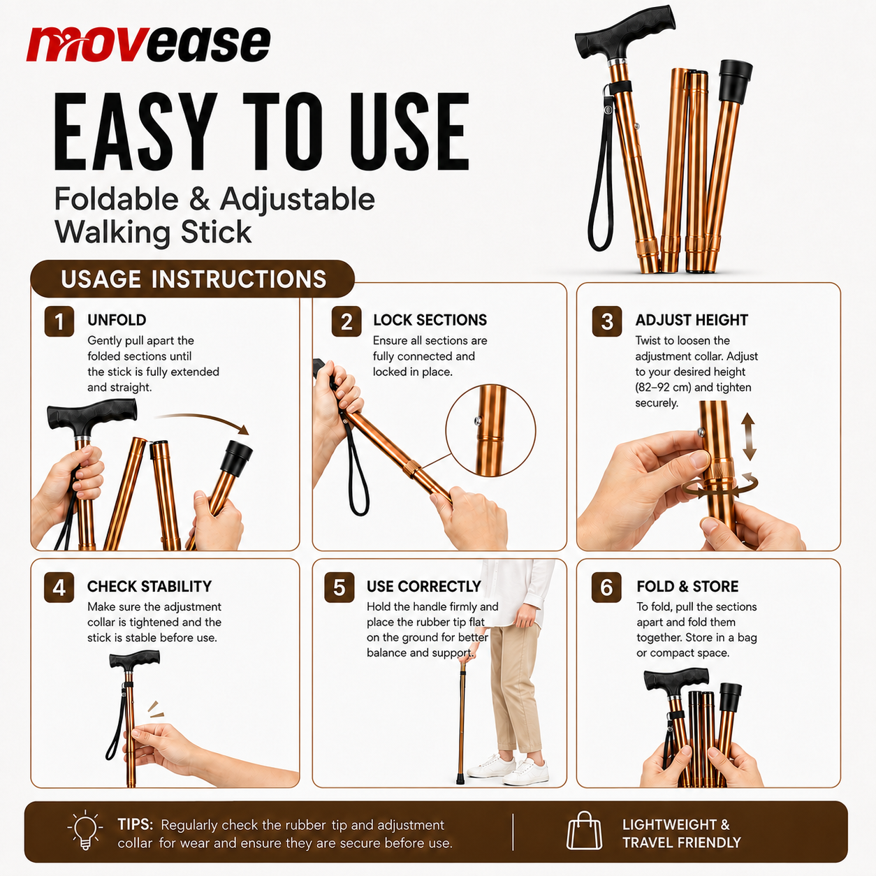 Movease Aluminium Height Adjustable Foldable Walking Stick