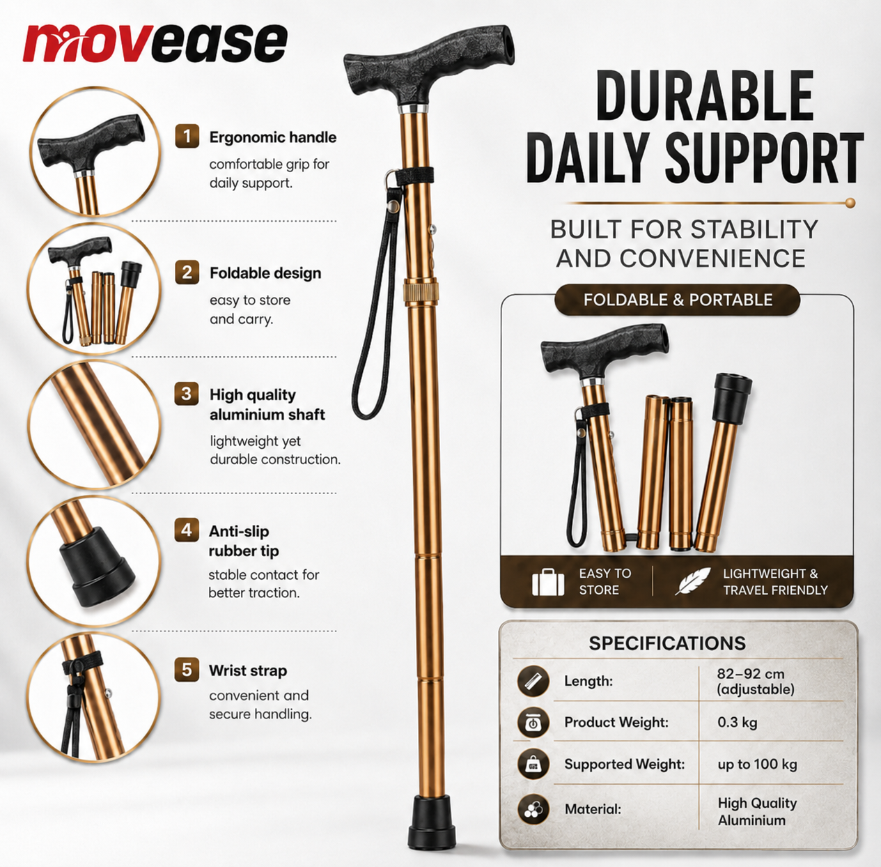Movease Aluminium Height Adjustable Foldable Walking Stick