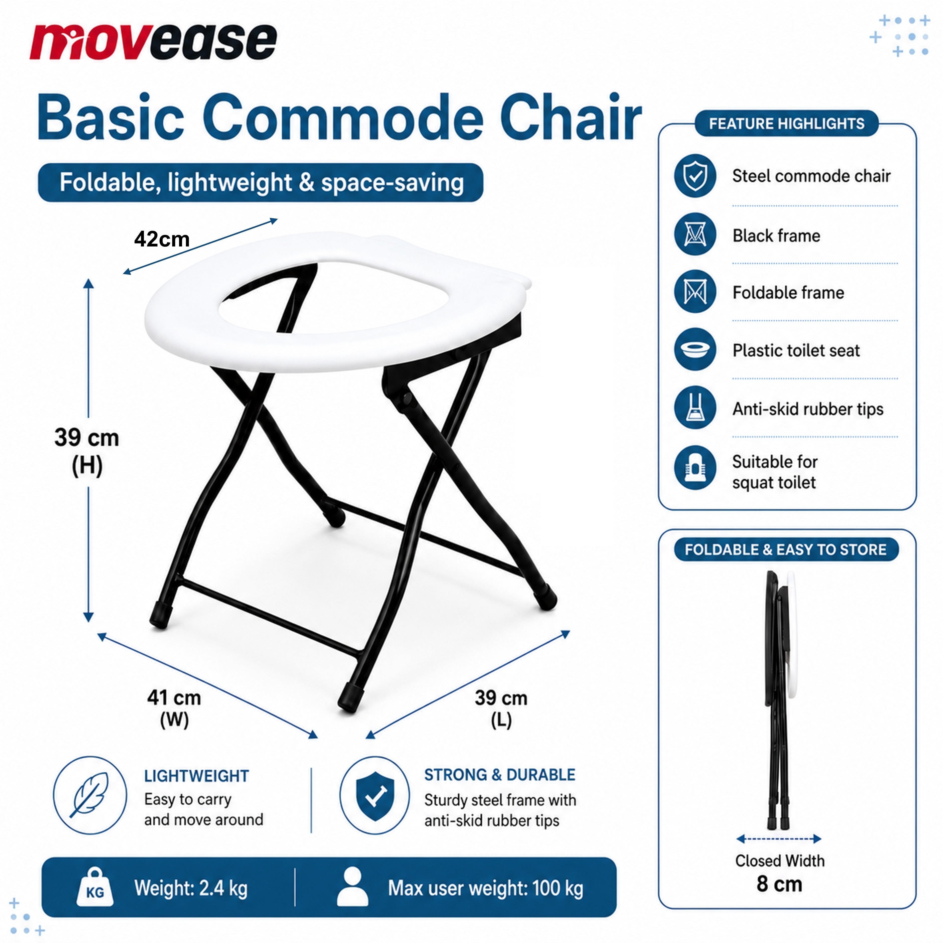 Movease Basic Steel Commode Chair - Toilet Aid, Without Bucket and Wheels
