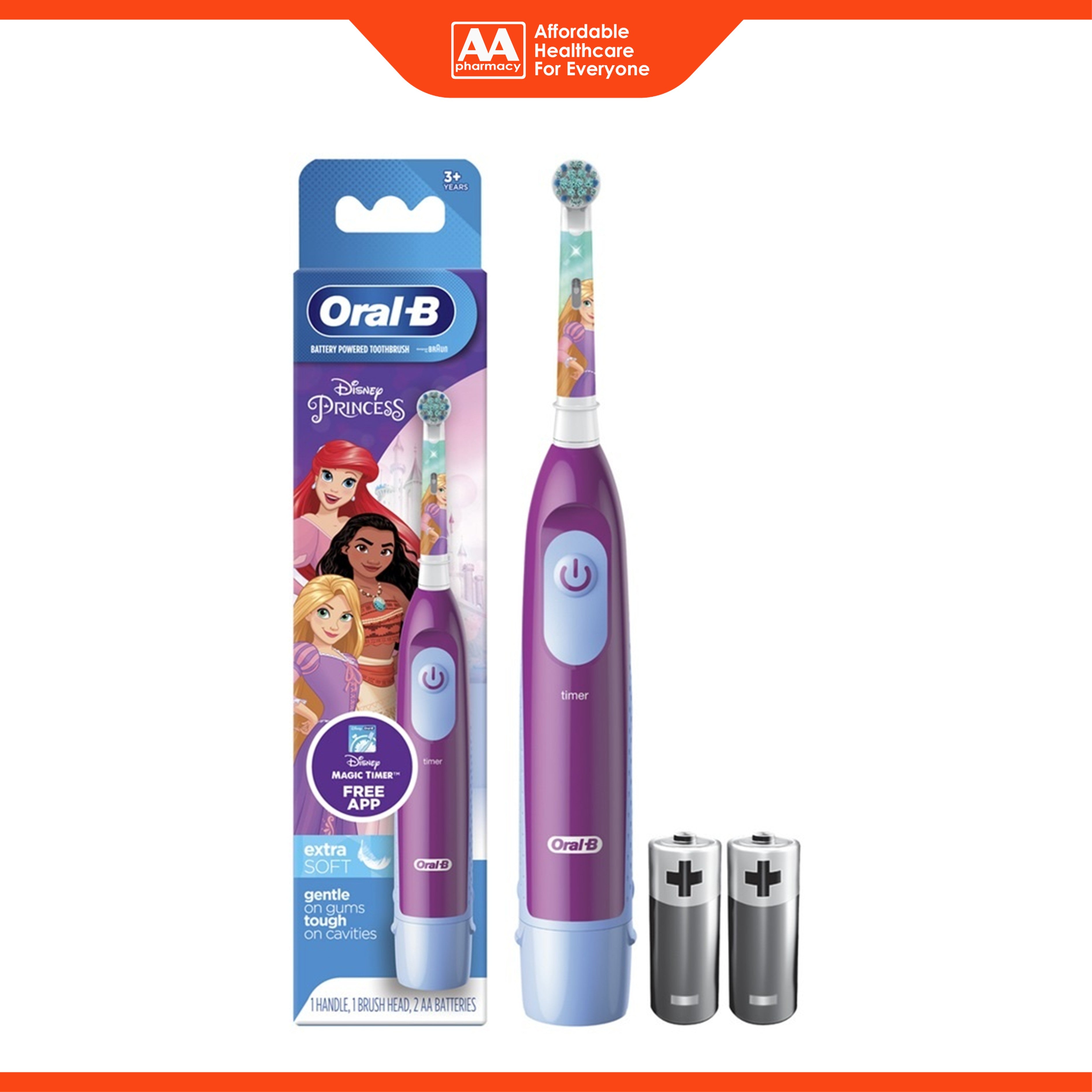 Oral-B Battery Powered Toothbrush - Disney Princess (1 Handle, 1 Brush Head, 2 AA Batteries) - For Children 3+ Years