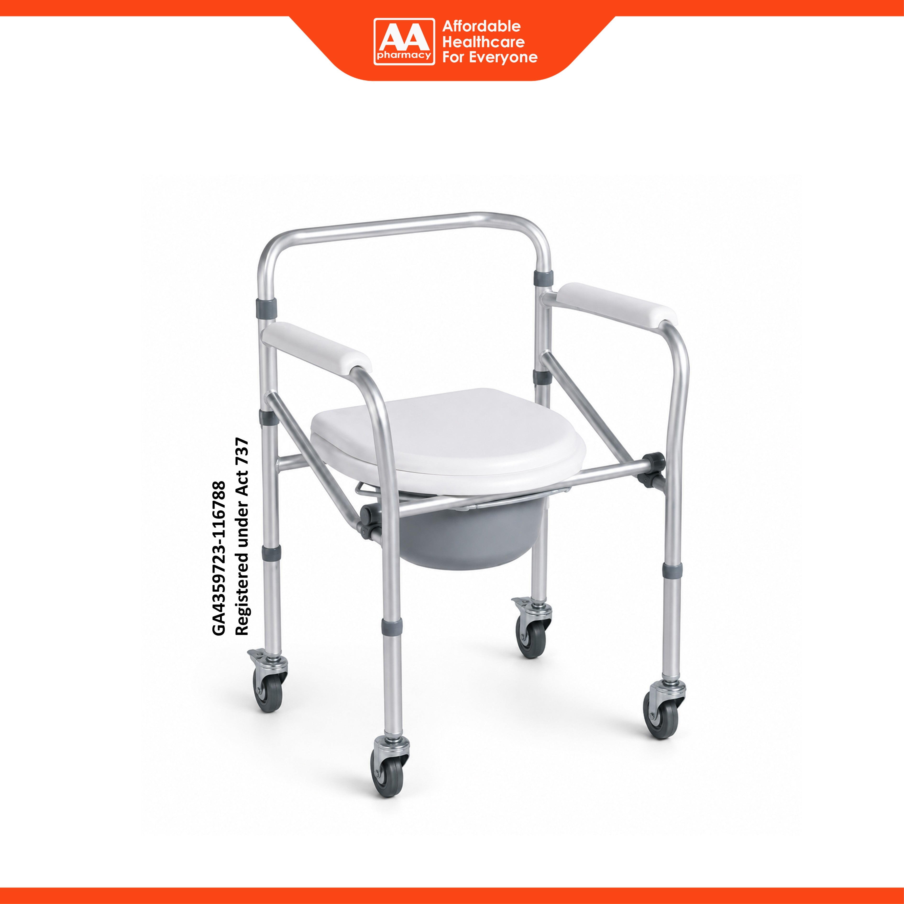 Movease Height Adjustable Foldable Aluminium Commode Chair Toilet Aid - With Wheels
