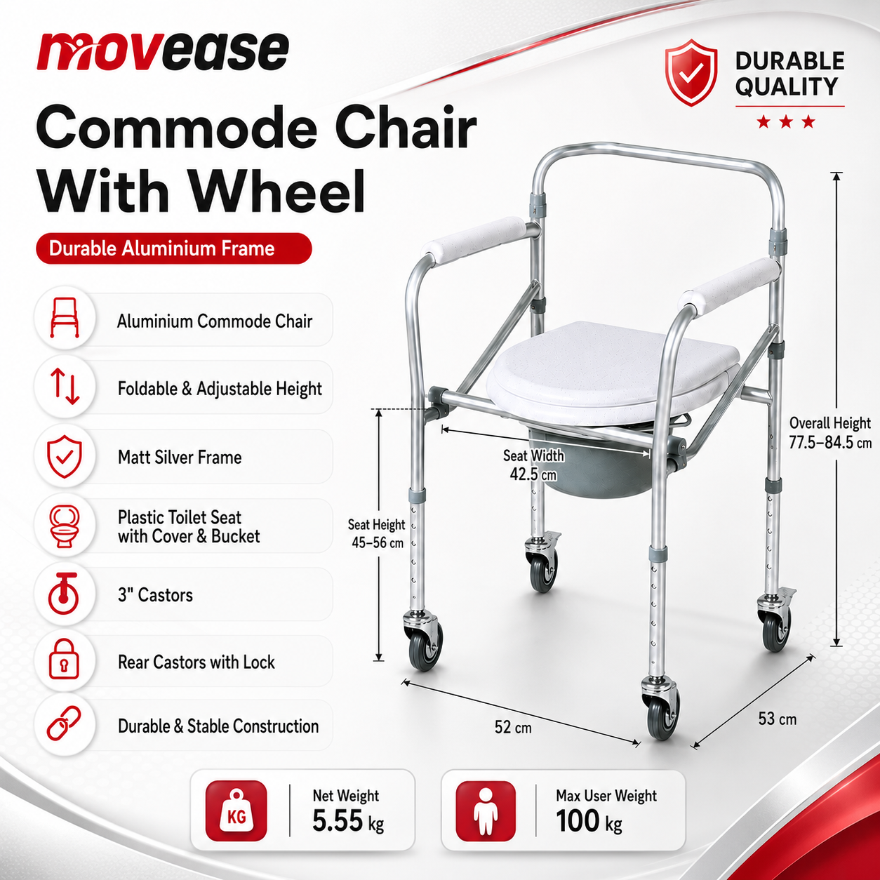 Movease Height Adjustable Foldable Aluminium Commode Chair Toilet Aid - With Wheels