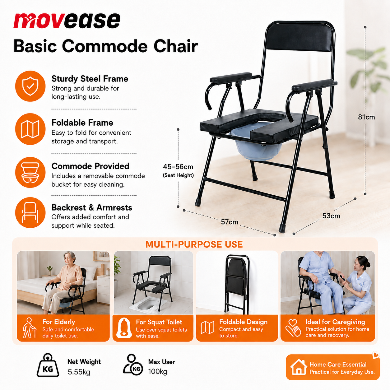 Movease Foldable Commode Chair Toilet Aid with Back Rest