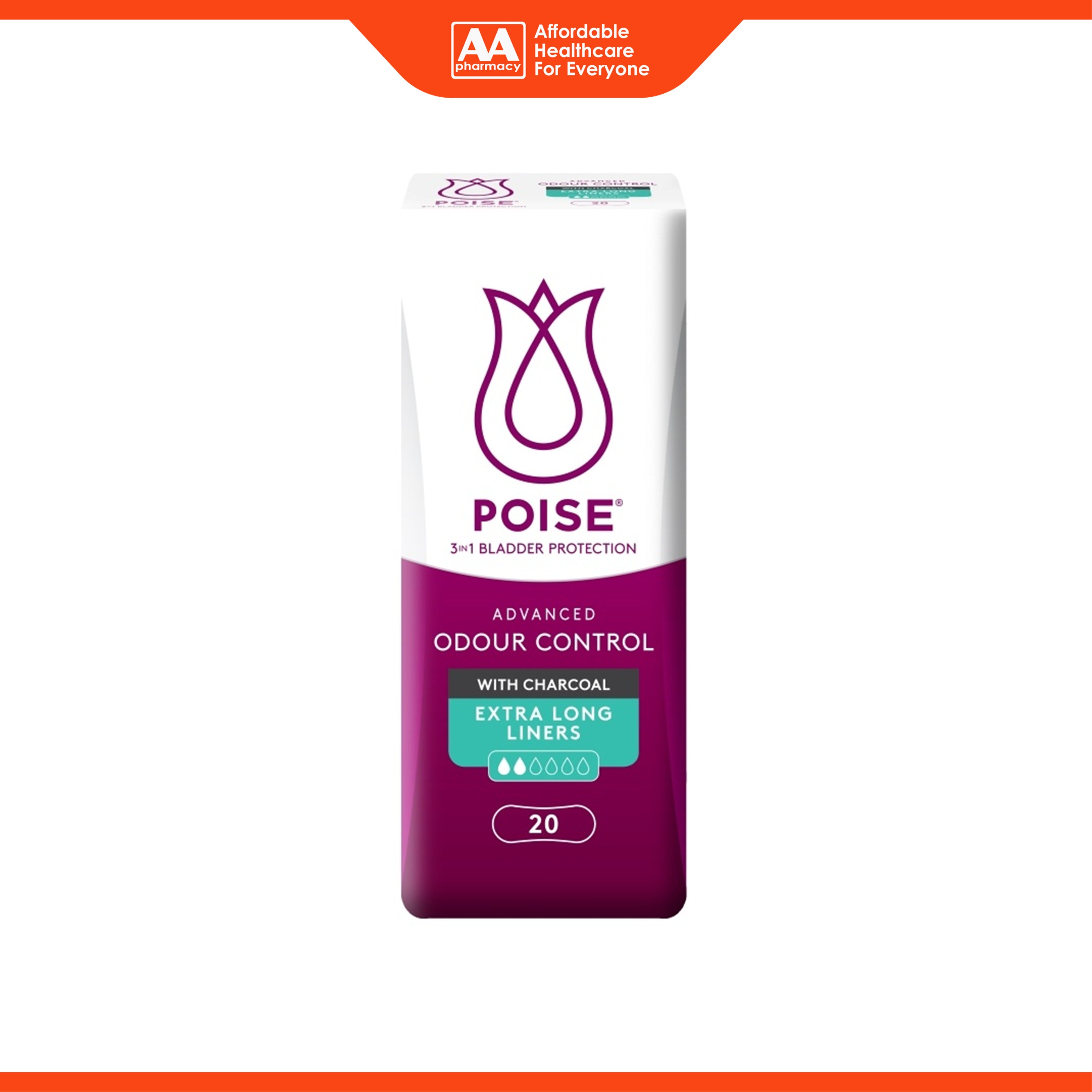 Poise Liners - With Charcoal, Extra Long 21.5cm (20's)