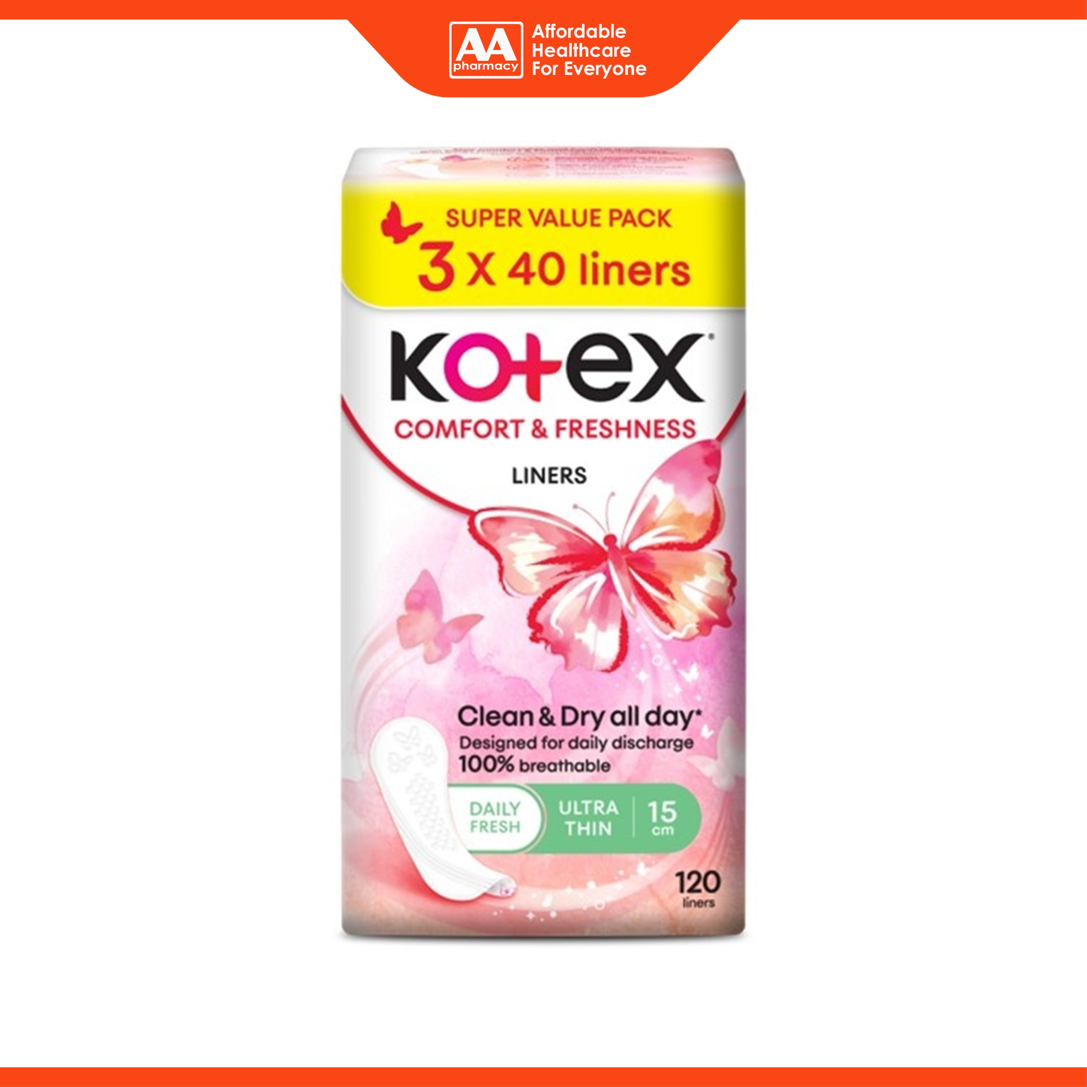 Kotex Liners - Comfort and Freshness, Ultra Thin, 15cm (3 x 40's)