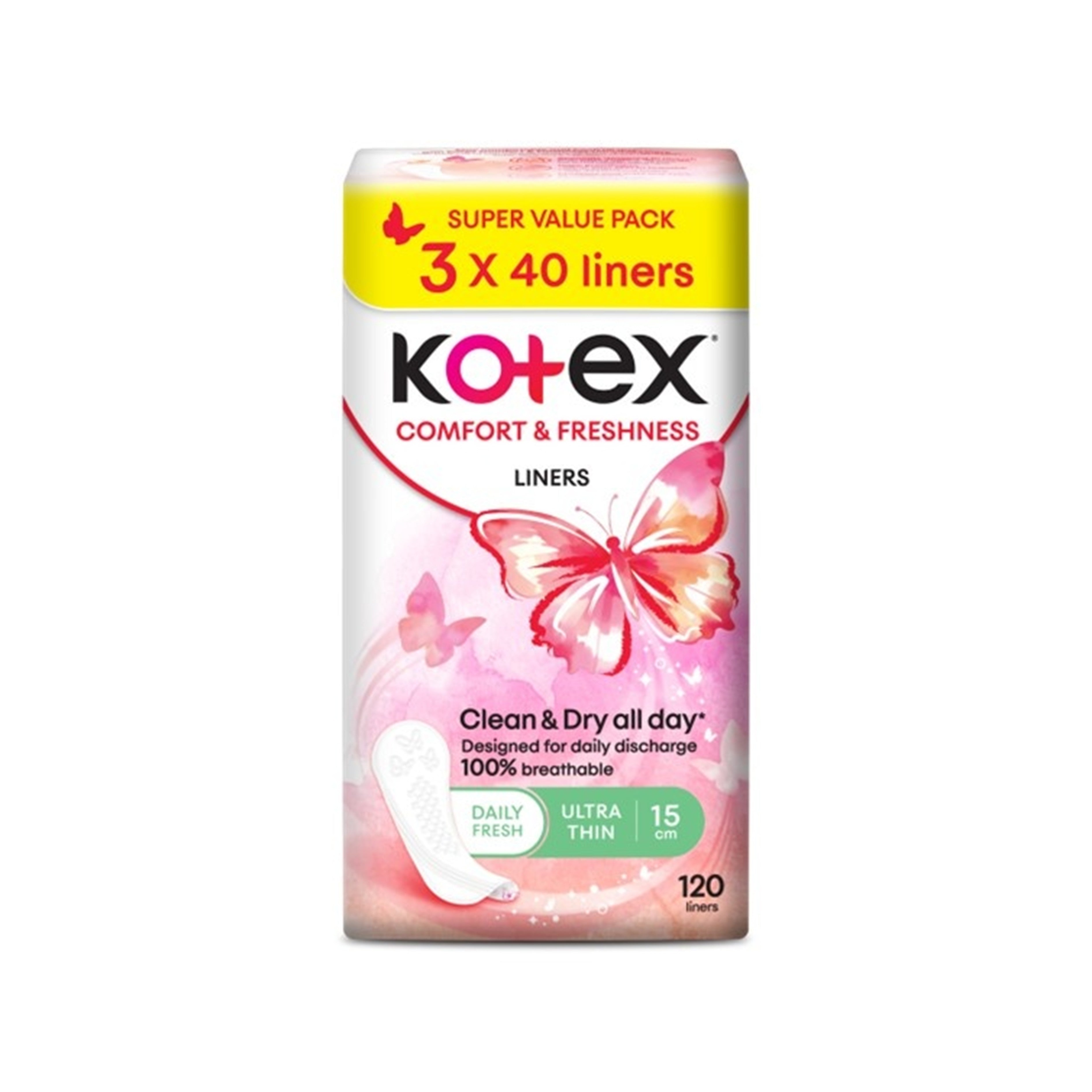Kotex Liners - Comfort and Freshness, Ultra Thin, 15cm (3 x 40's)