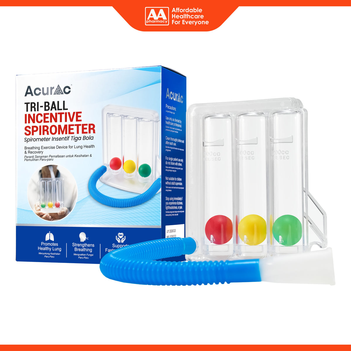 Acurac Tri-Ball Incentive Spirometer - Breathing Exercise Device for Lung Health and Recovery