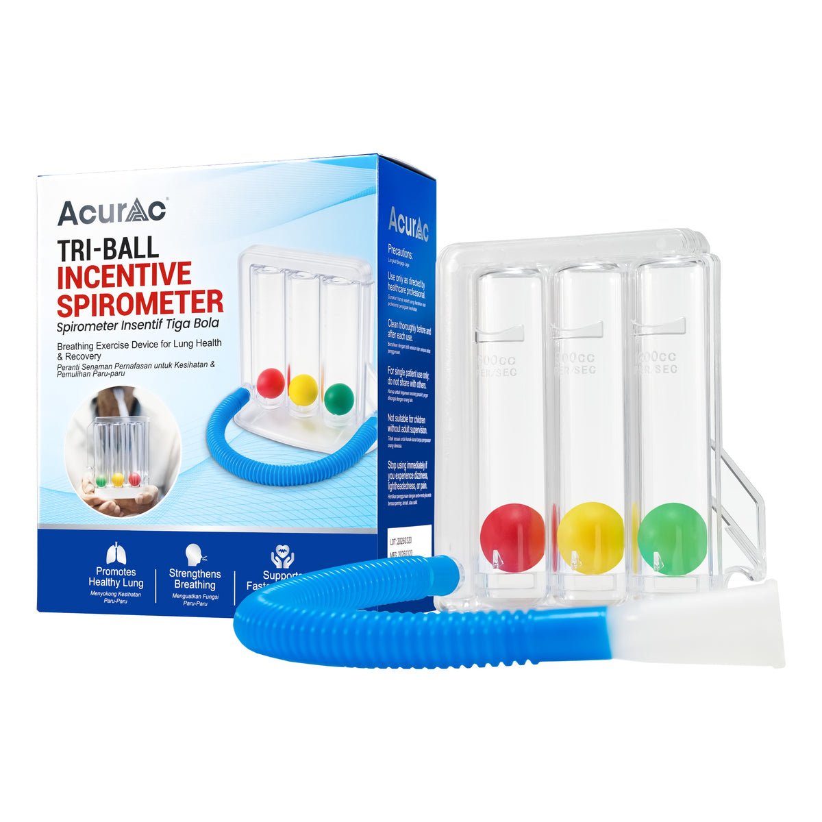 Acurac Tri-Ball Incentive Spirometer - Breathing Exercise Device for Lung Health and Recovery