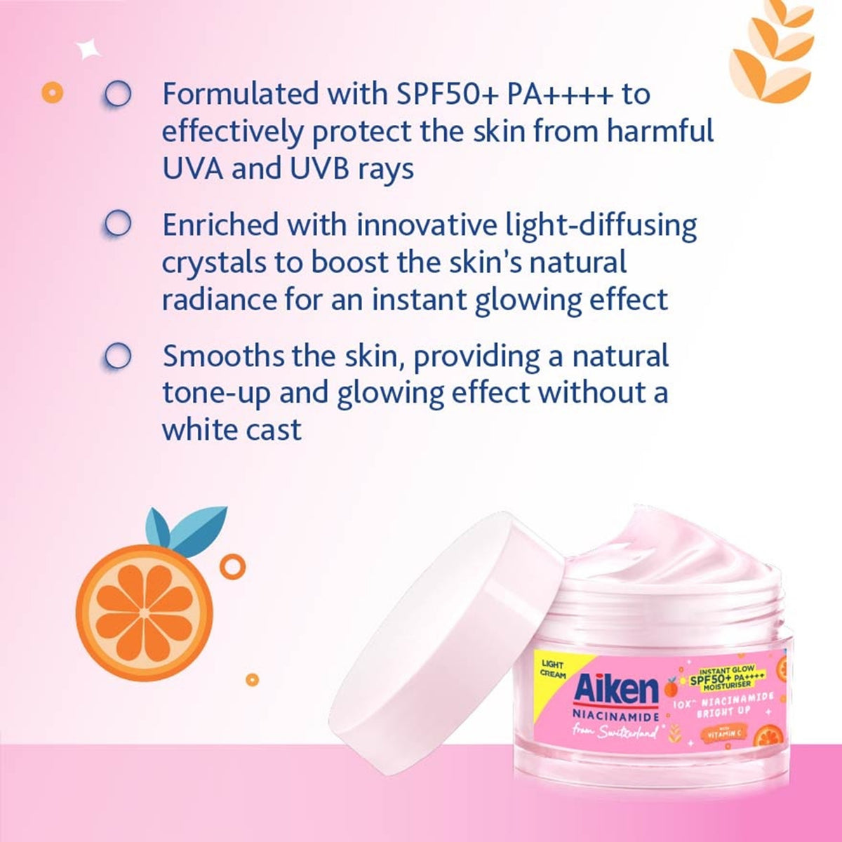 Aiken Niacinamide Instant Glow SPF50+ PA++++ Brightening Light Cream Moisturiser with Vitamin C (30g)