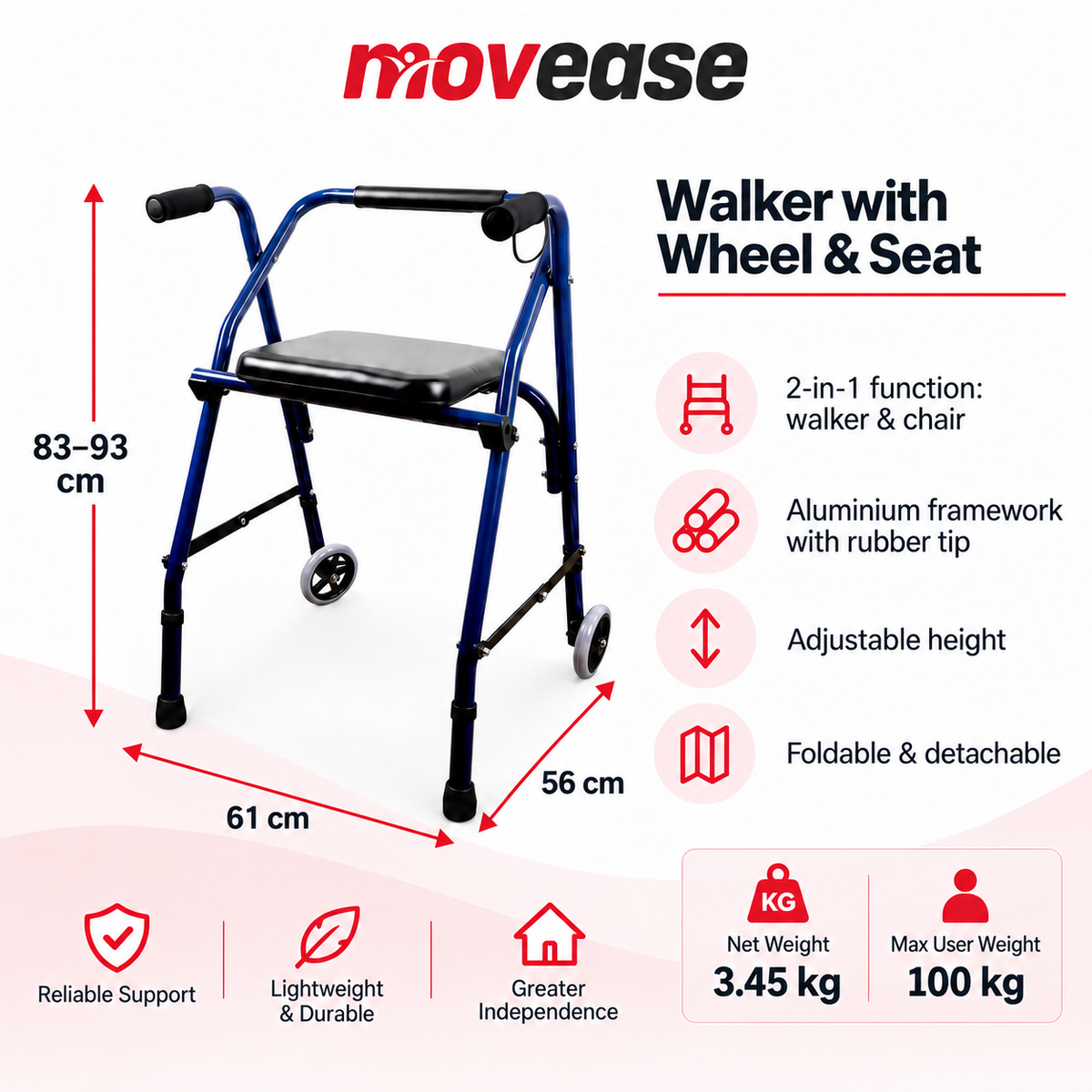 Movease Height Adjustable Foldable Aluminium Walker with Wheel and Seat