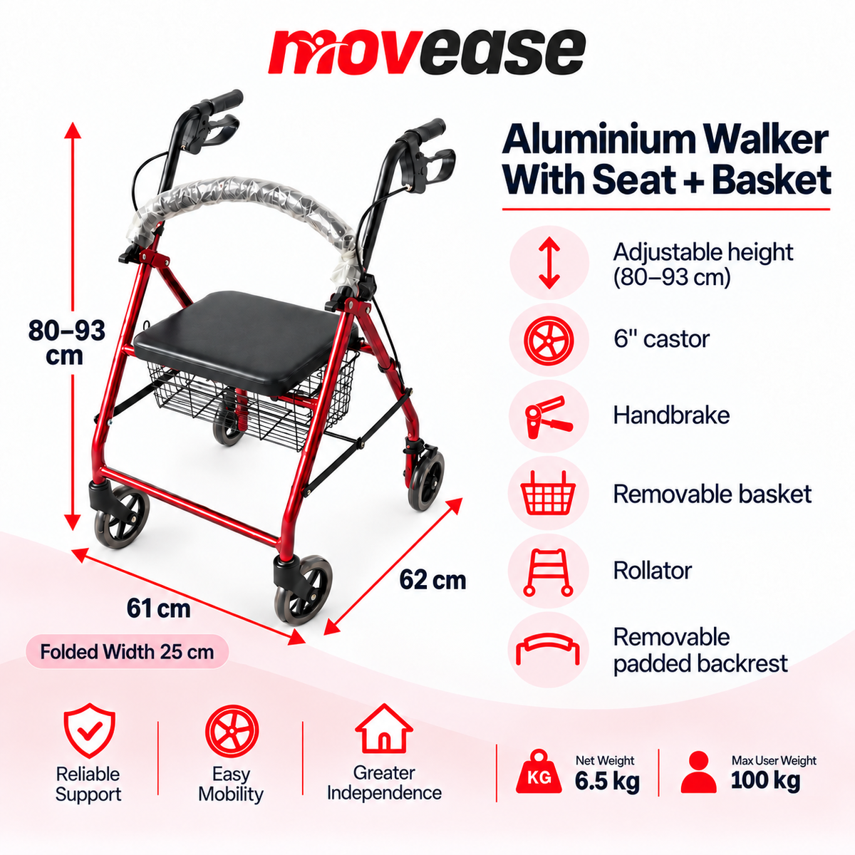 Movease Height Adjustable Aluminium Walker with Seat and Basket - Rollator