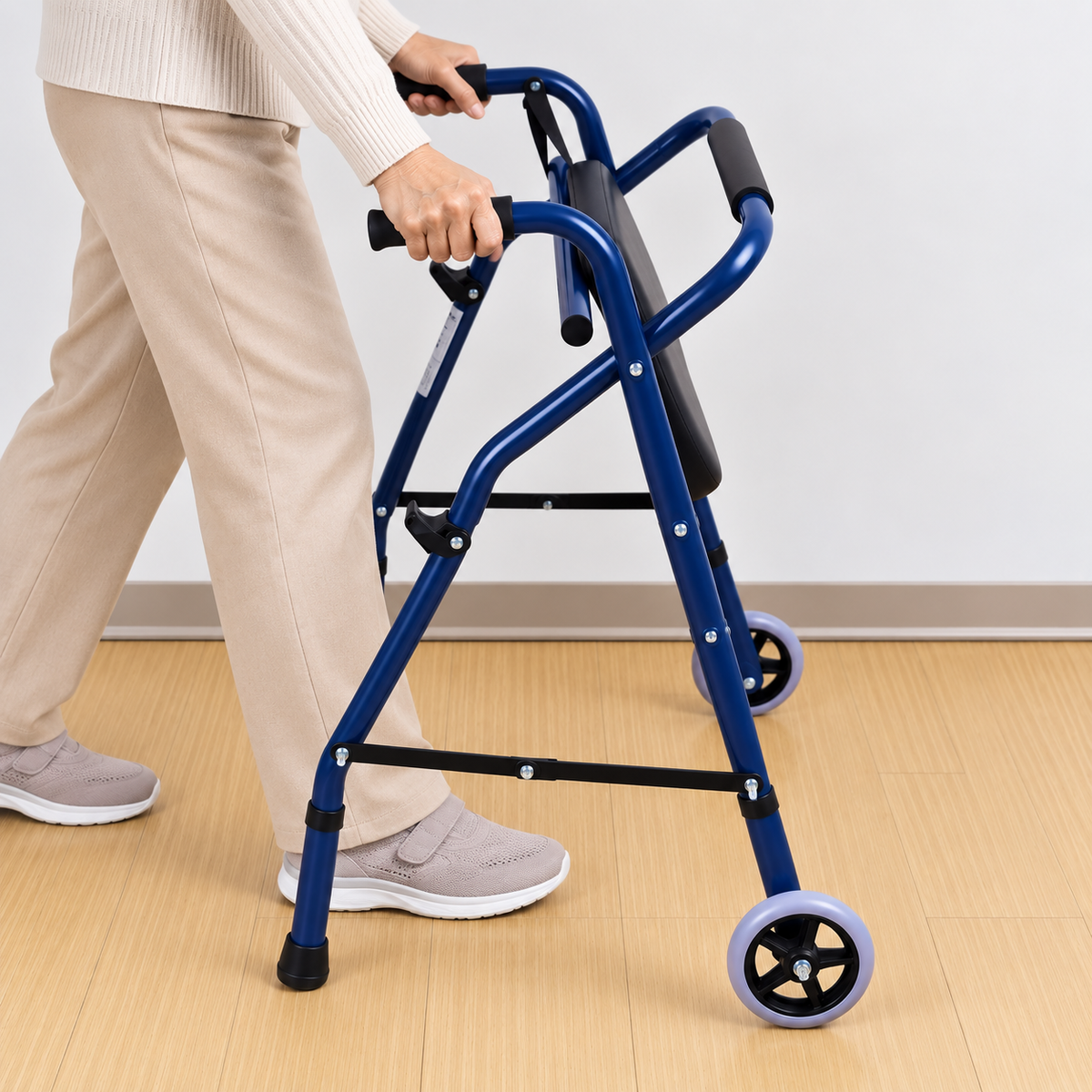 Movease Height Adjustable Foldable Aluminium Walker with Wheel and Seat