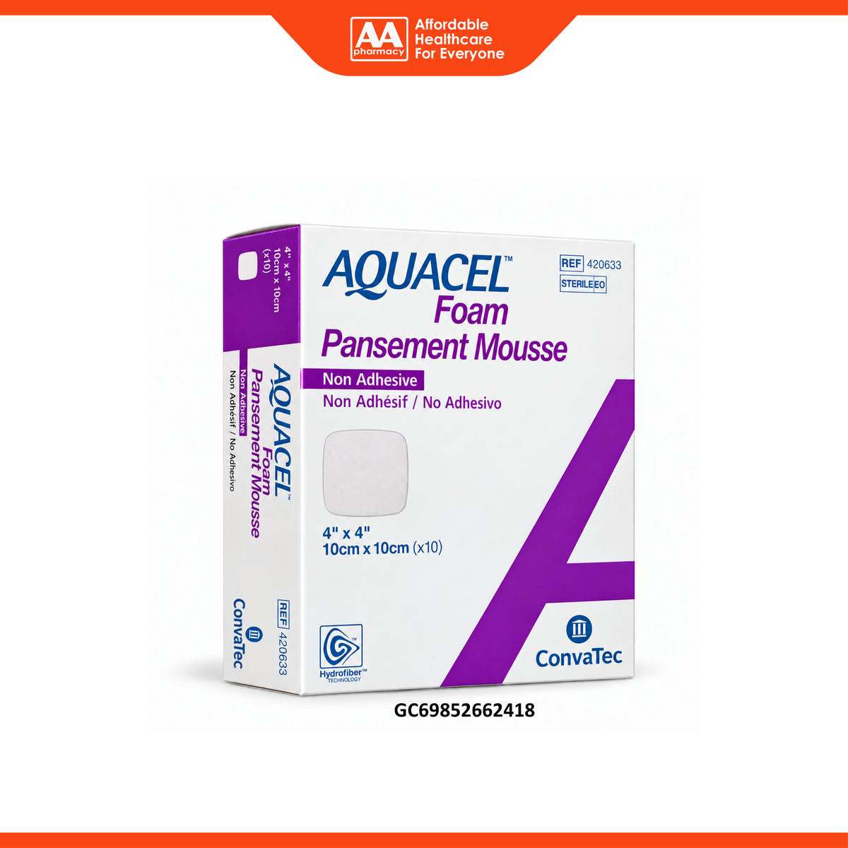 ConvaTec Aquacel Sterile Foam Dressing REF 420633 - Non Adhesive, 10cm x 10cm (10's)
