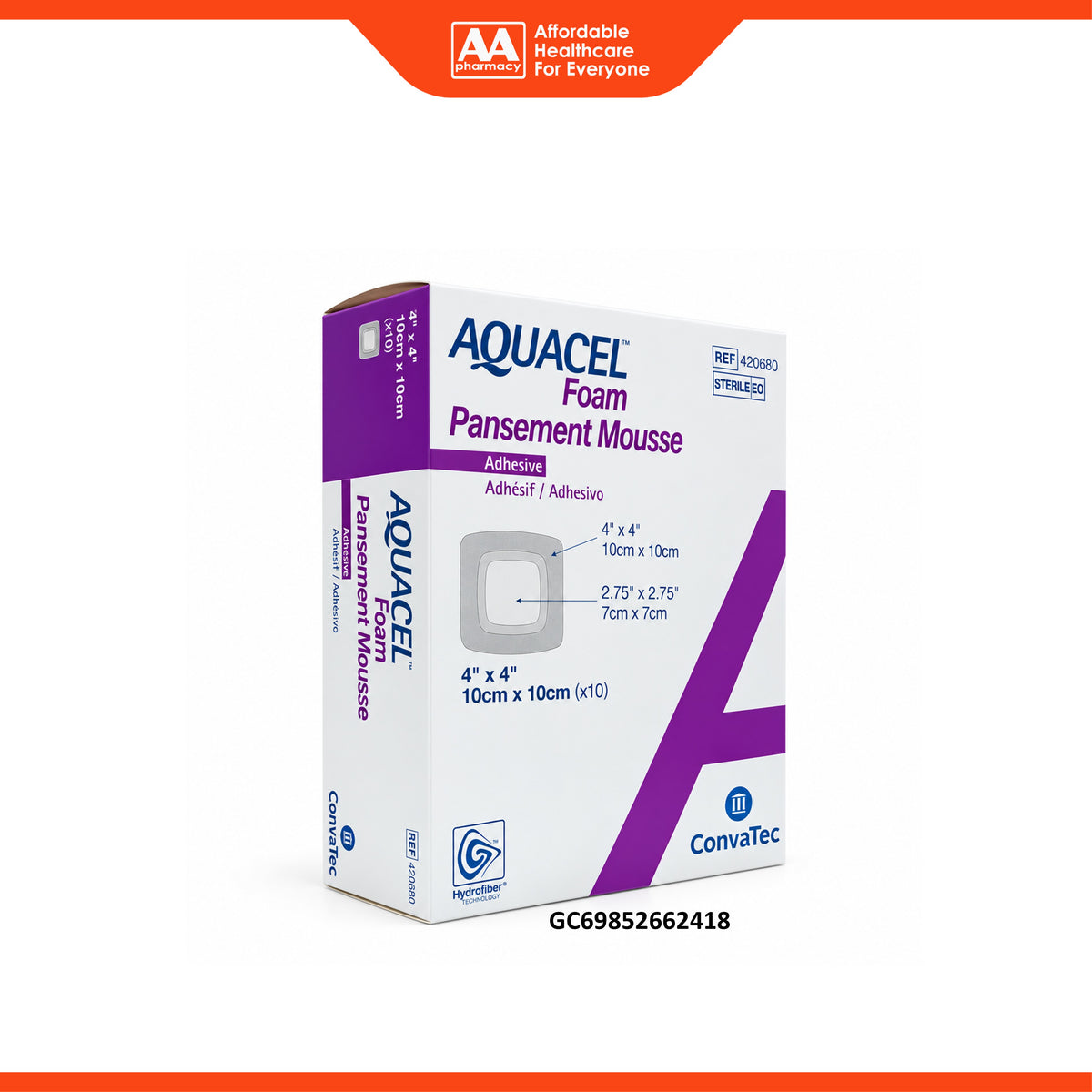 ConvaTec Aquacel Sterile Foam Dressing REF 420680 - Adhesive, 10cm x 10cm (10's)
