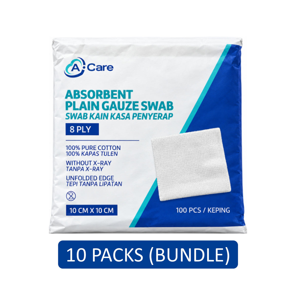 A-Care Absorbent Plain Gauze Swab - 10cm x 10cm, 8ply (10 x 100's)