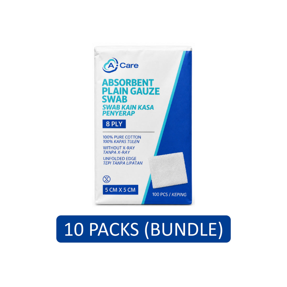 A-Care Absorbent Plain Gauze Swab - 5cm x 5cm, 8ply (10 x 100's)