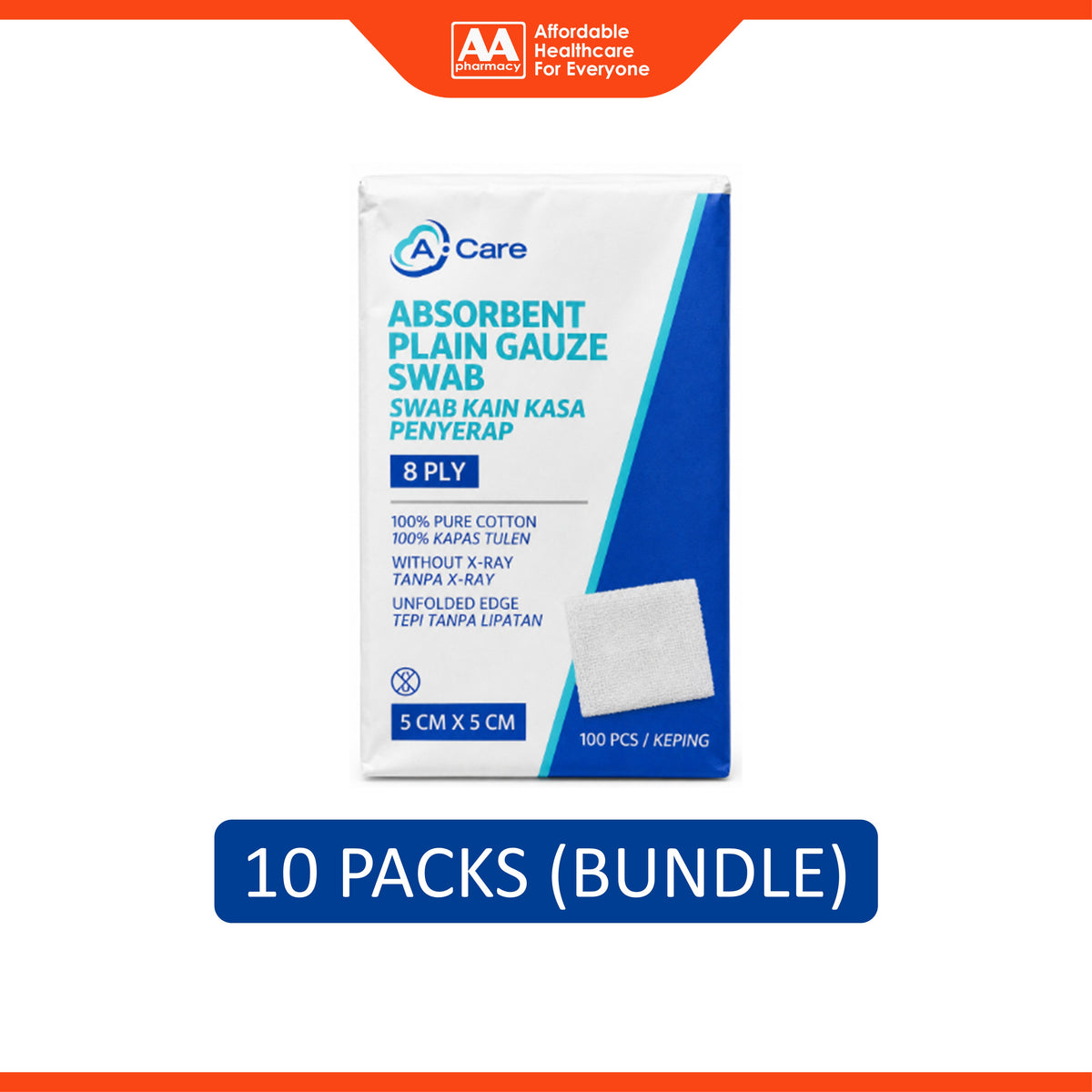 A-Care Absorbent Plain Gauze Swab - 5cm x 5cm, 8ply (10 x 100's)