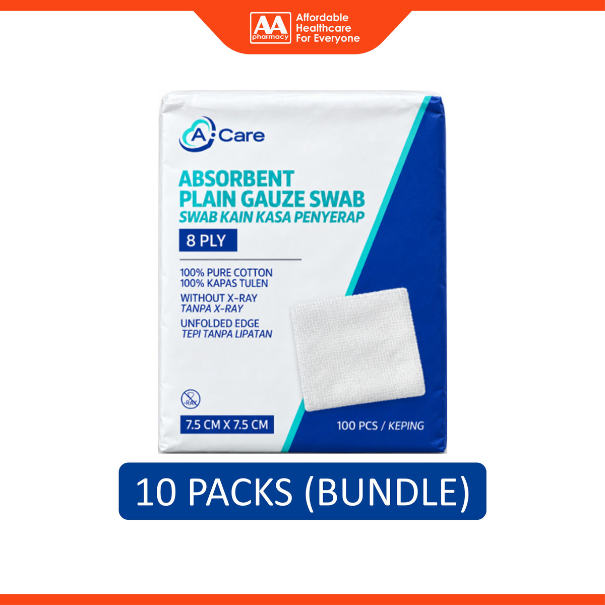 A-Care Absorbent Plain Gauze Swab - 7.5cm x 7.5cm, 8ply (10 x 100's)