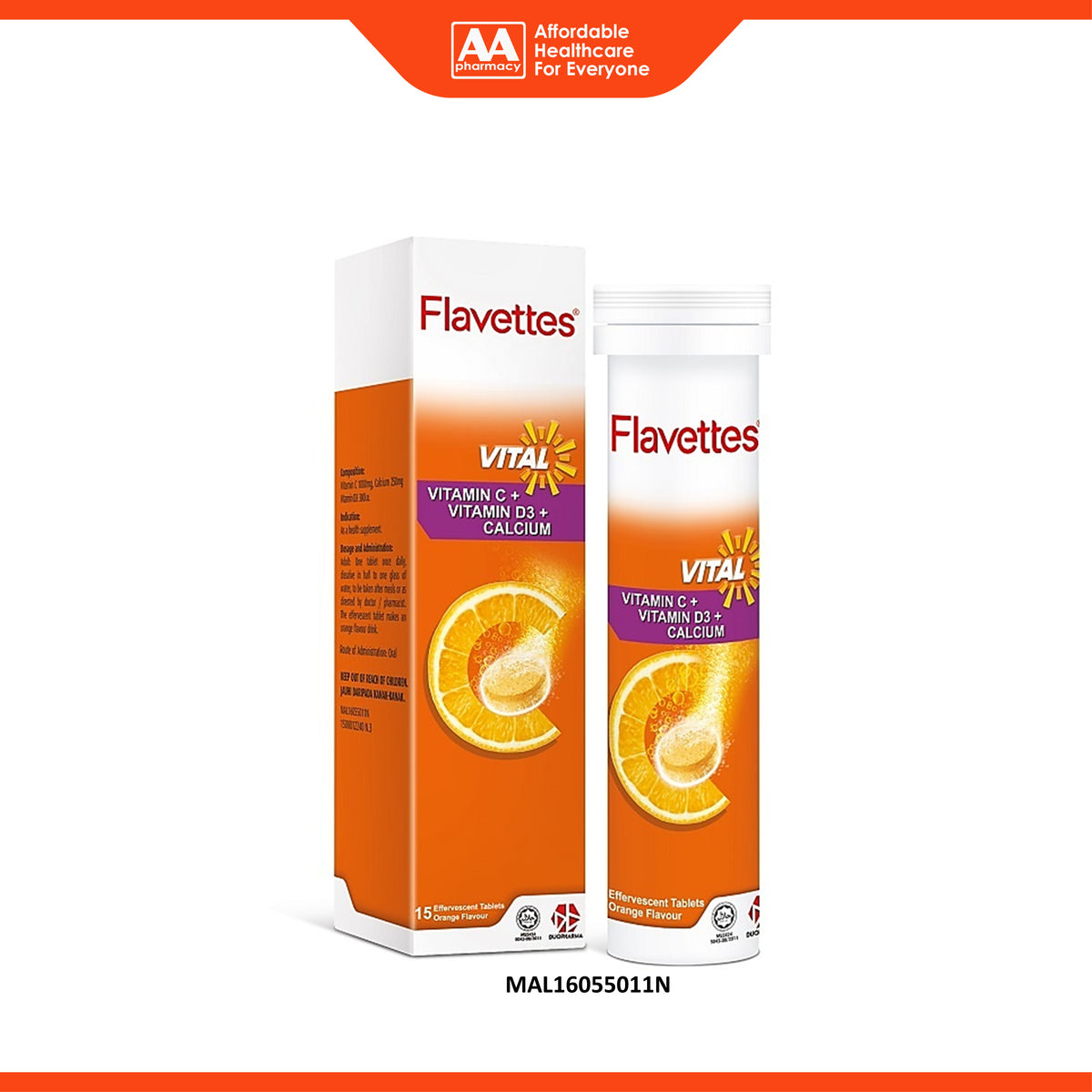 Flavettes Vital Vitamin C 1000mg + Vitamin D3 + Calcium Effervescent Tablet - Orange Flavour (15's)