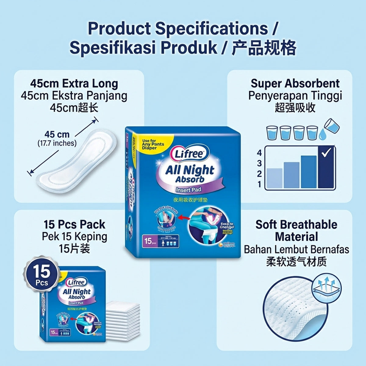 Lifree All Night Absorb Insert Pad 45cm- for Any Pants Diaper (15's)