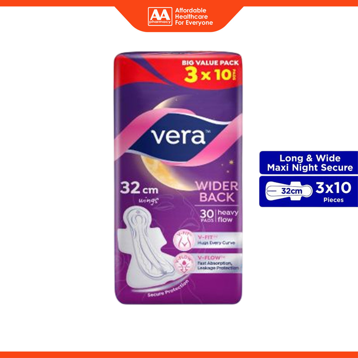 Vera Sanitary Pads - Wider Back, 32cm Wings, For Heavy Flow (3 x 10's)