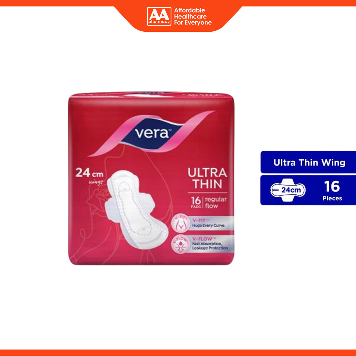 Vera Sanitary Pads - Ultra Thin, 24cm Wings, For Regular Flow (16's)