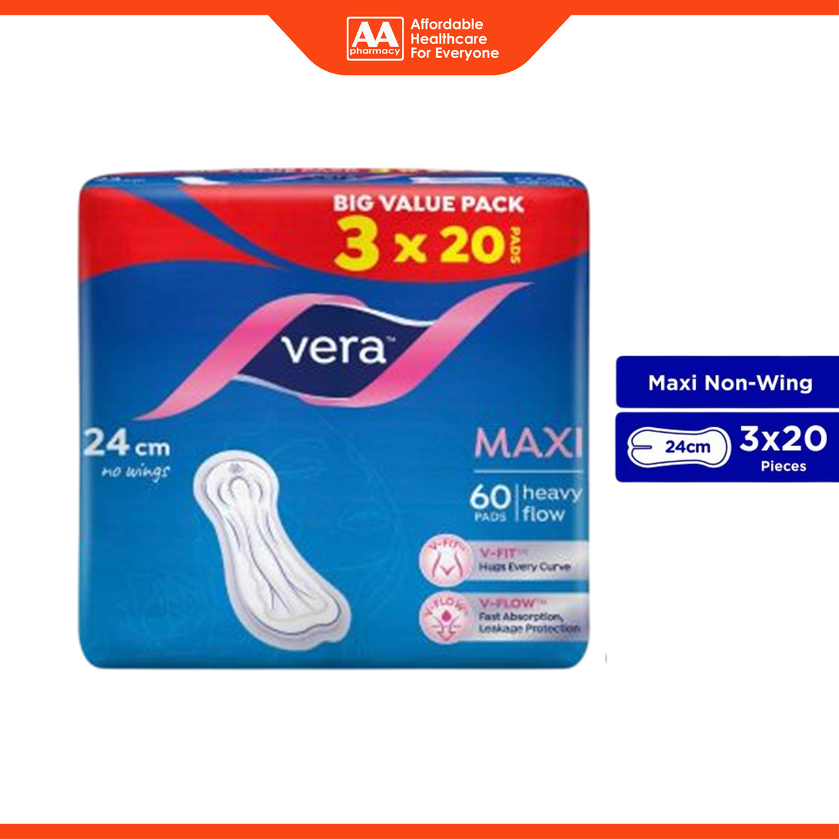 Vera Sanitary Pads - Maxi, 24cm No Wings, For Heavy Flow (3 x 20's)