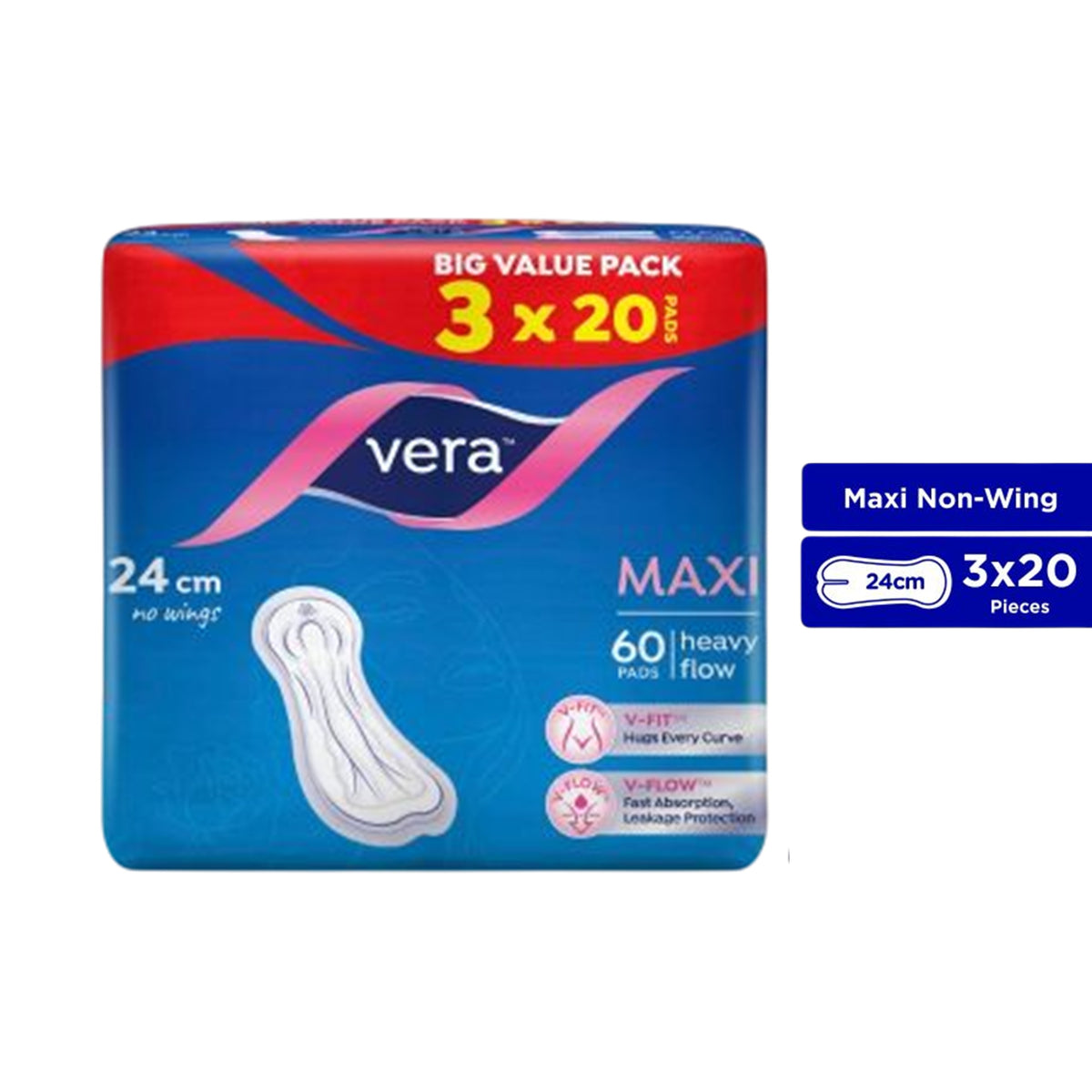 Vera Sanitary Pads - Maxi, 24cm No Wings, For Heavy Flow (3 x 20's)
