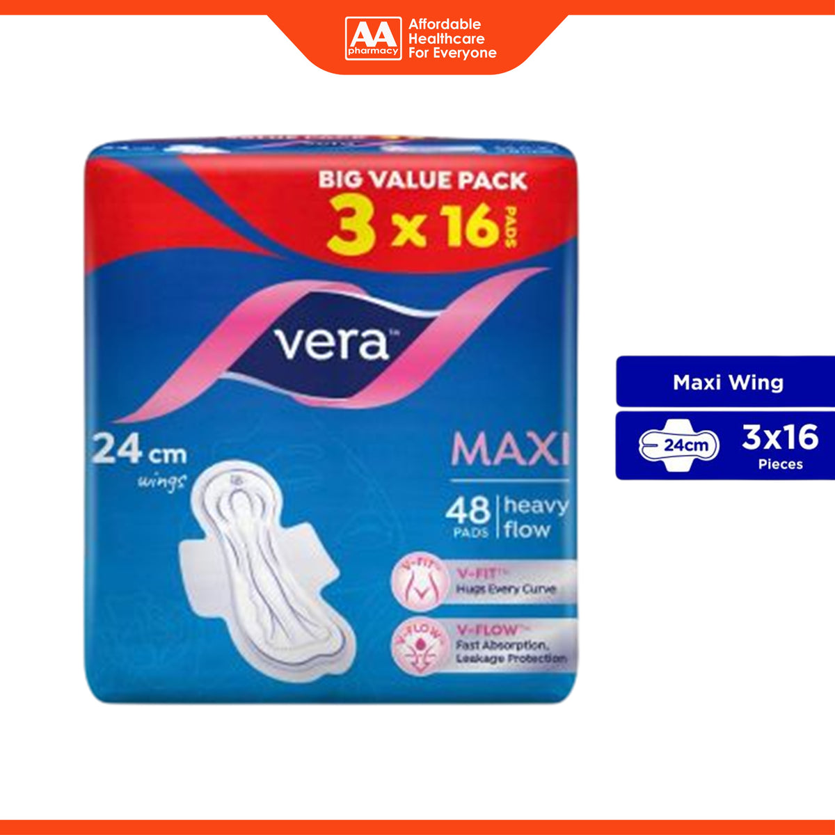Vera Sanitary Pads - Maxi, 24cm Wings, For Heavy Flow (3 x 16's)
