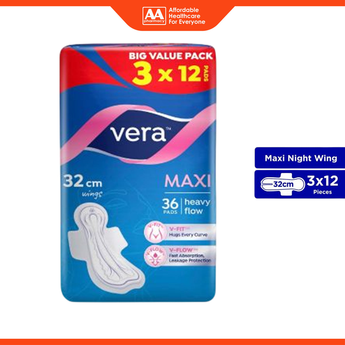 Vera Sanitary Pads - Maxi, 32cm Wings, For Heavy Flow (3 x 12's)