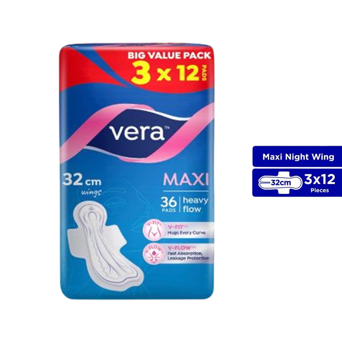 Vera Sanitary Pads - Maxi, 32cm Wings, For Heavy Flow (3 x 12's)