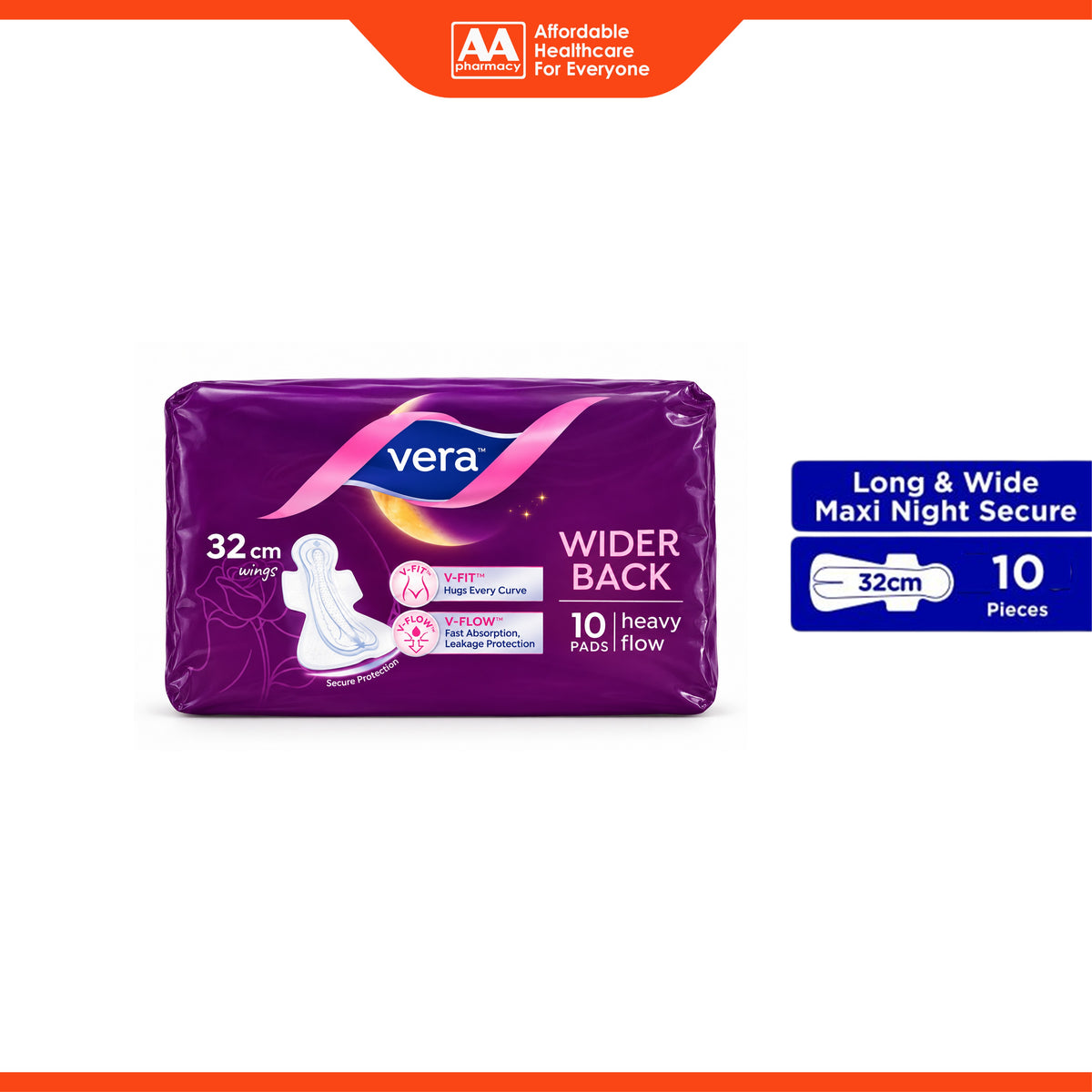 Vera Sanitary Pads - Wider Back, 32cm Wings, For Heavy Flow (10's)