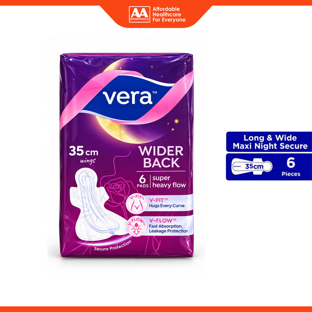 Vera Sanitary Pads - Wider Back, 35cm Wings, For Super Heavy Flow (6's)