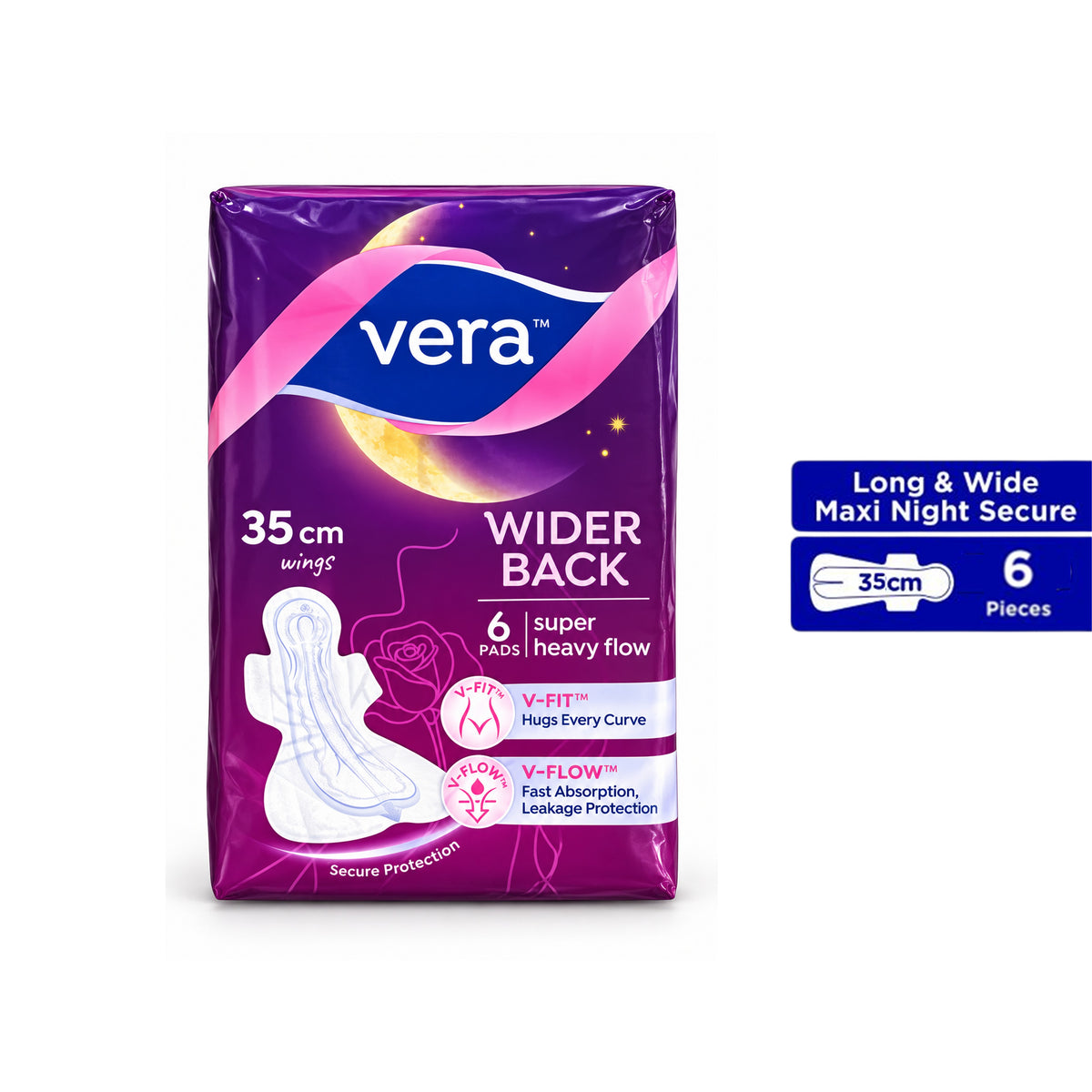 Vera Sanitary Pads - Wider Back, 35cm Wings, For Super Heavy Flow (6's)