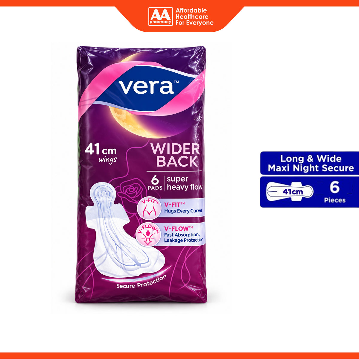 Vera Sanitary Pads - Wider Back, 41cm Wings, For Super Heavy Flow (6's)