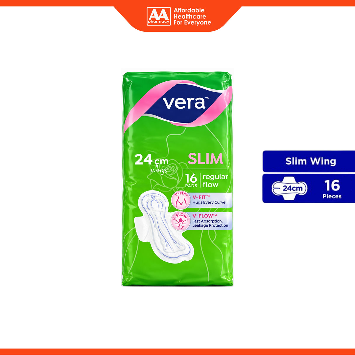 Vera Sanitary Pads - Slim, 24cm Wings, For Regular Flow (16's)