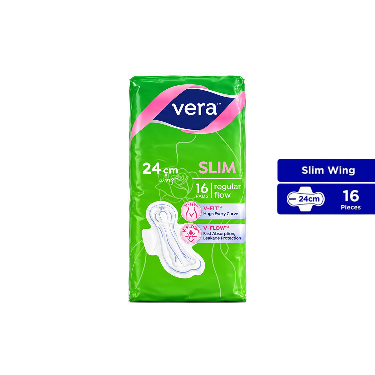 Vera Sanitary Pads - Slim, 24cm Wings, For Regular Flow (16's)