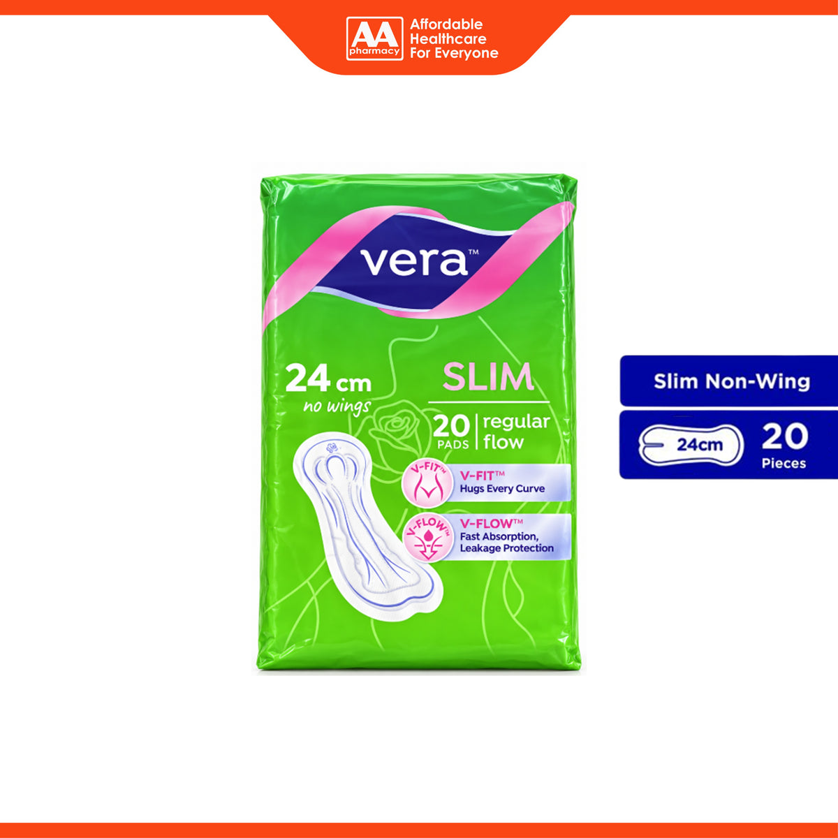 Vera Sanitary Pads - Slim, 24cm No Wings, For Regular Flow (20's)