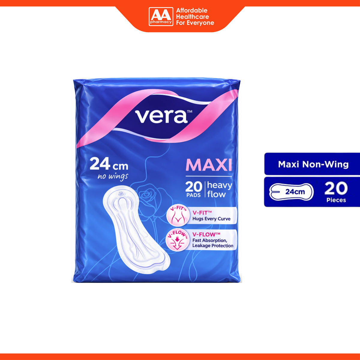 Vera Sanitary Pads - Maxi, 24cm No Wings, For Heavy Flow (20's)